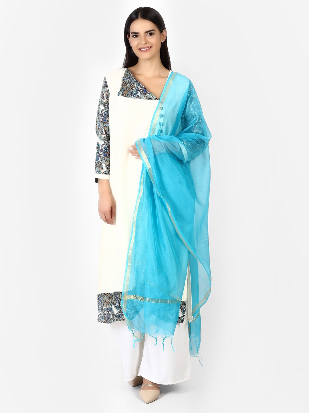 

amraoo Art Silk Dupatta With Zari, Turquoise blue