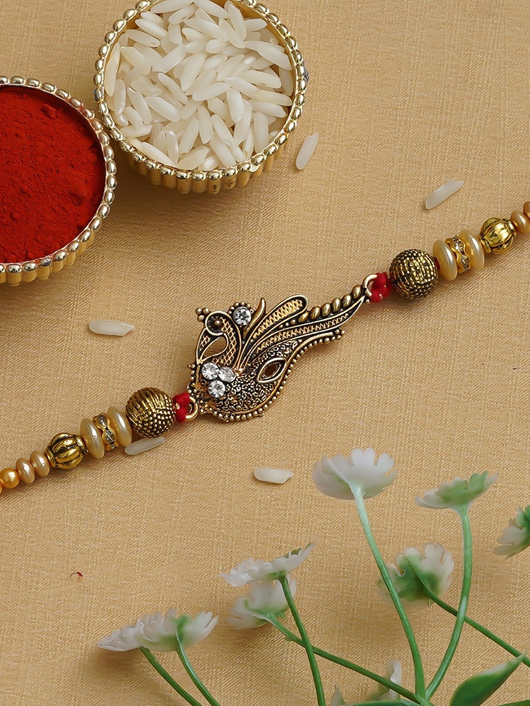 

Fashion Bizz Unisex Stone-Studded & Beaded Rakhi With Roli Rice, Metallic