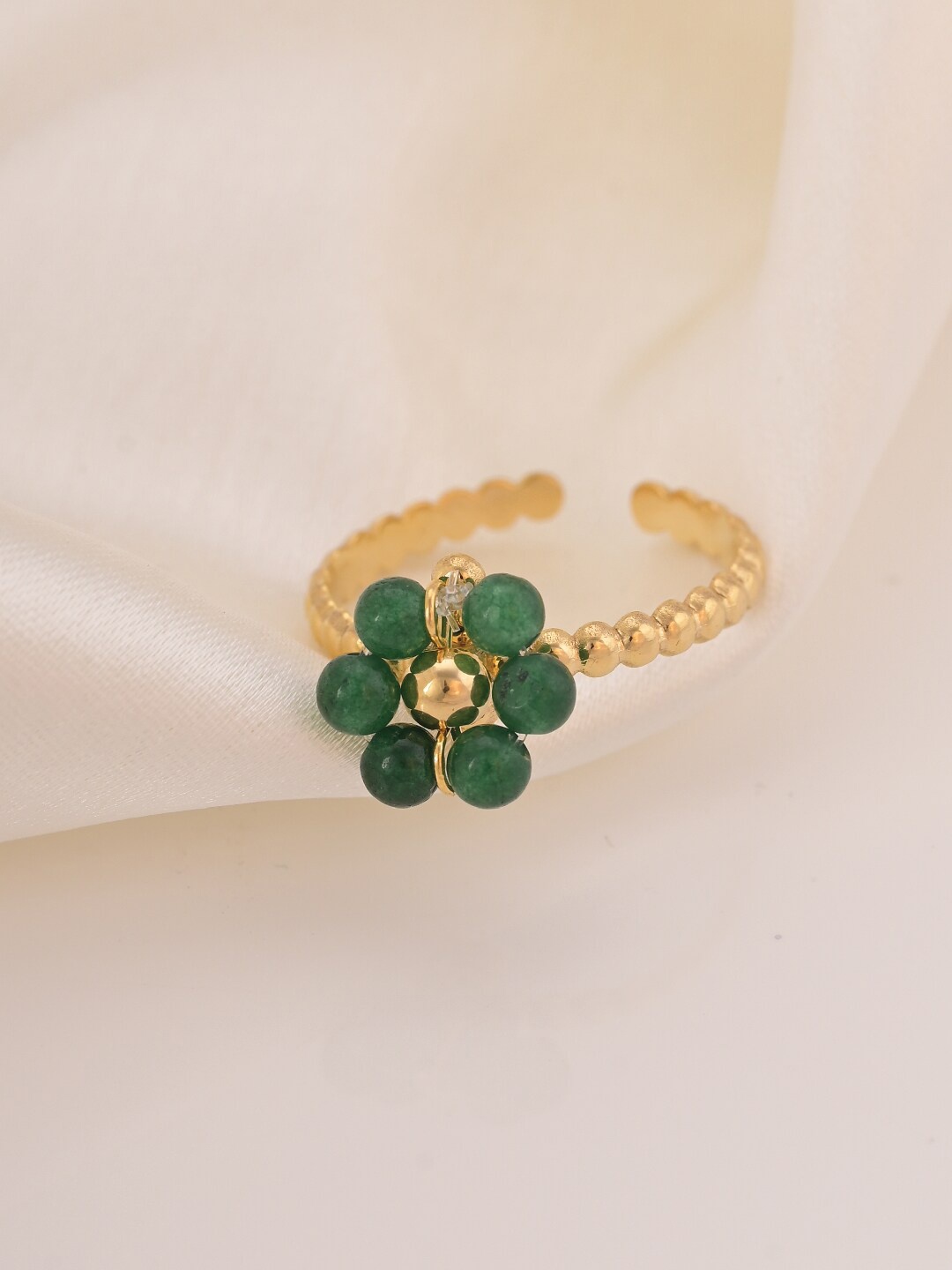 

PALMONAS Gold-Plated Beaded Adjustable Stainless Steel Finger Ring