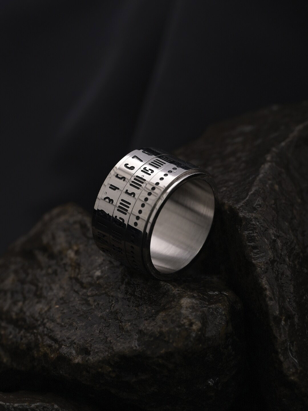 

PALMONAS Men Silver-Plated Arabic Numerals Punk Stainless Steel Finger Ring