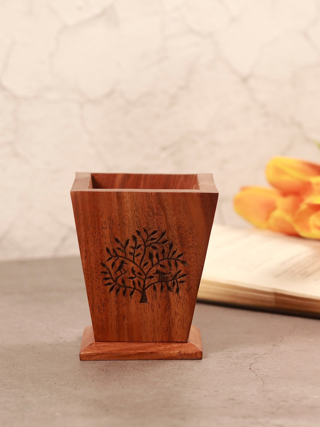 

Unravel India Brown Tree of Life Printed Sheesham Wood Stationary Holder