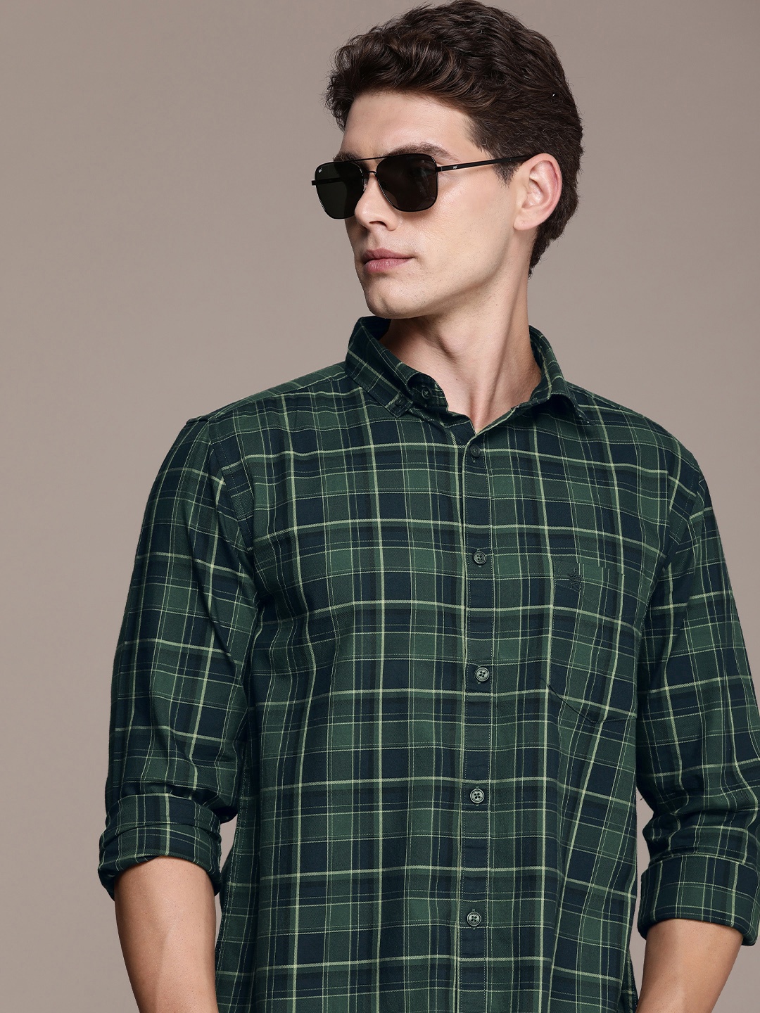 

French Connection Pure Cotton Slim Fit Opaque Checked Casual Shirt, Green