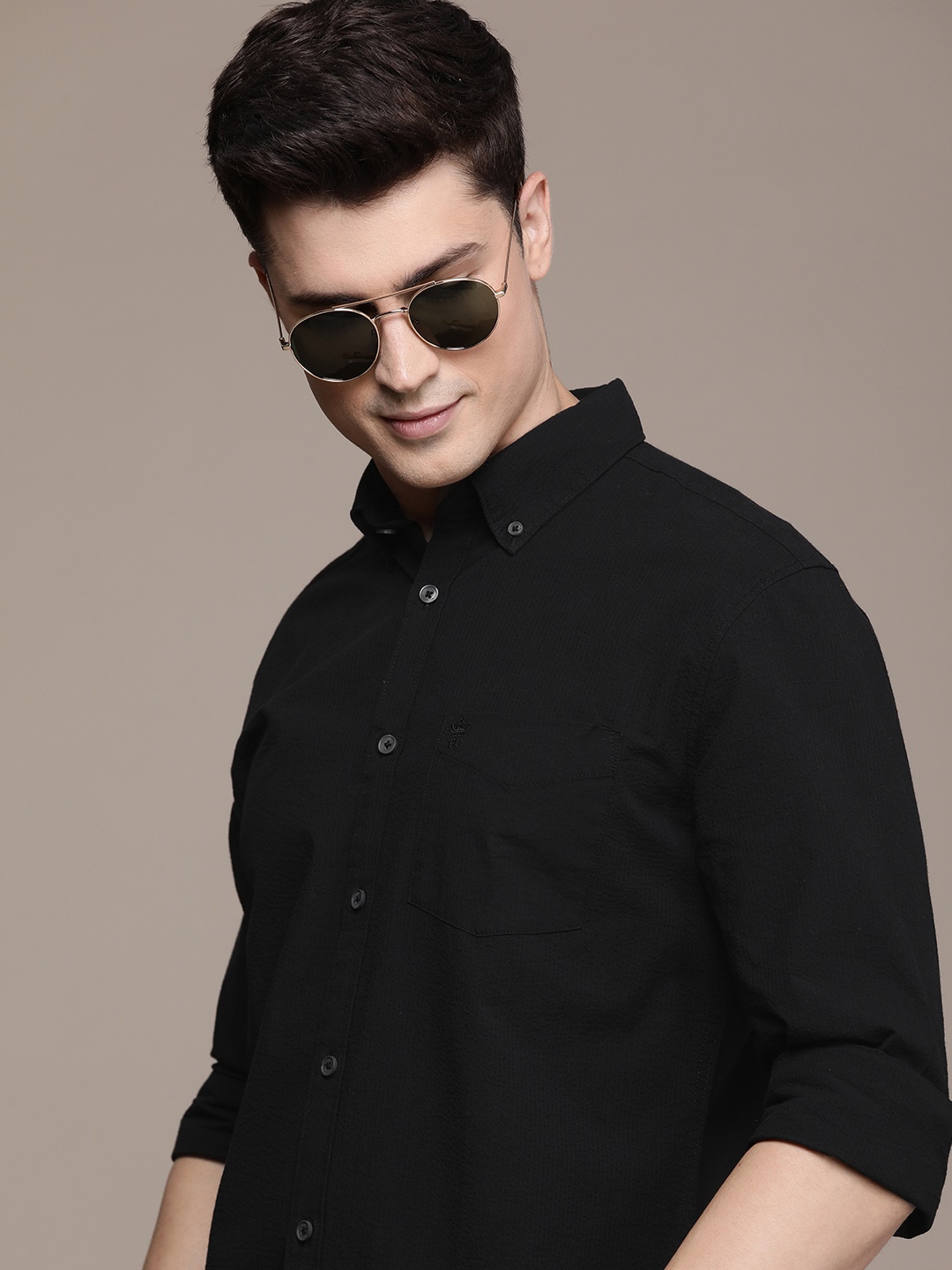 

French Connection Pure Cotton Self Design Slim Fit Textured Casual Shirt, Black