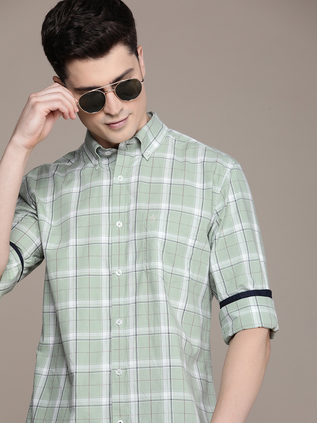 

French Connection Slim Fit Opaque Checked Pure Cotton Casual Shirt, Green