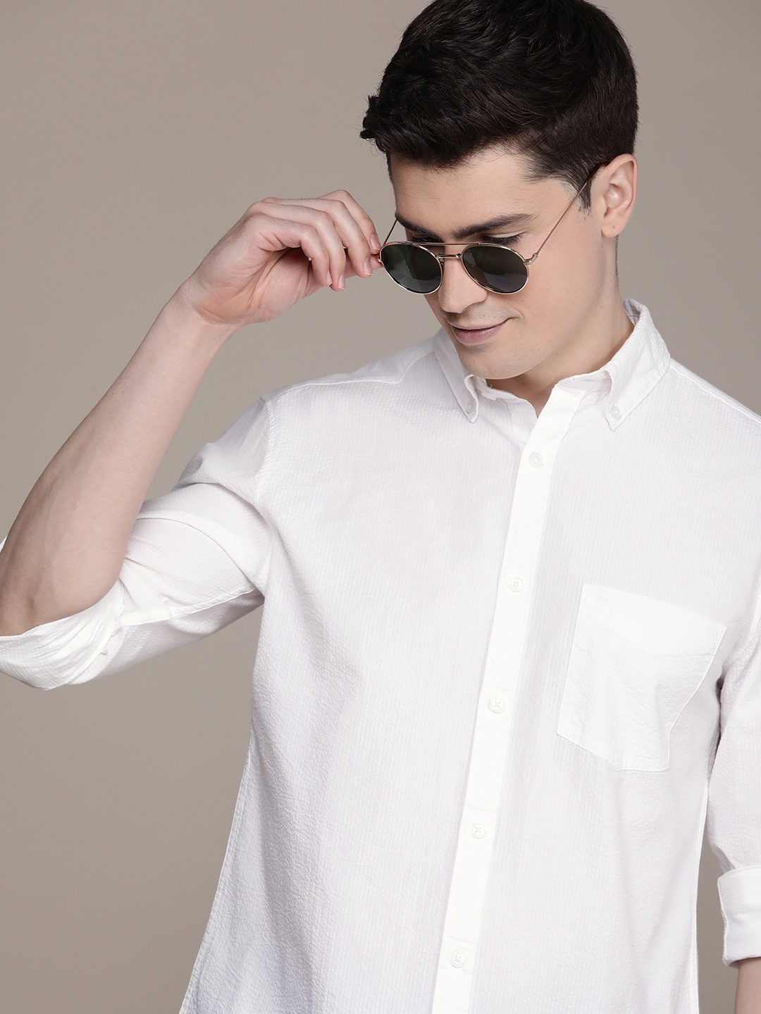 

French Connection Textured Slim Fit Opaque Pure Cotton Casual Shirt, White