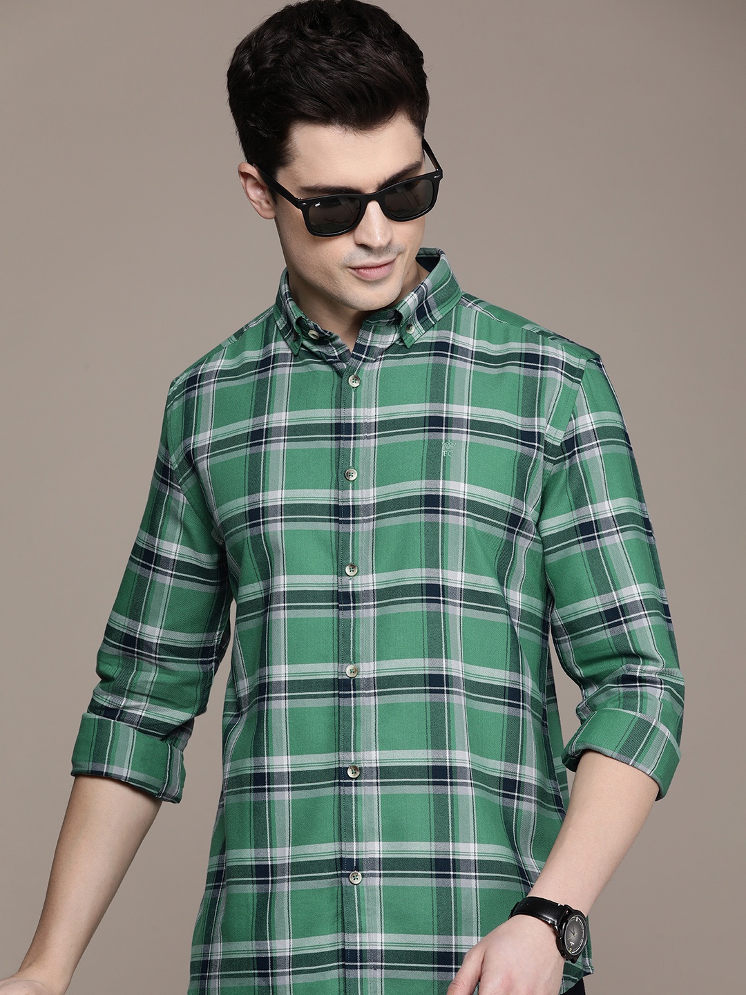 

French Connection Classic Slim Fit Tartan Checked Casual Shirt, Green