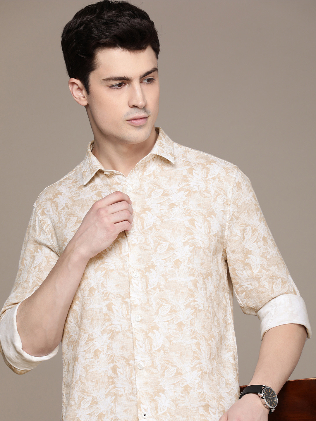 

French Connection Slim Fit Floral Printed Pure Cotton Casual Shirt, Beige