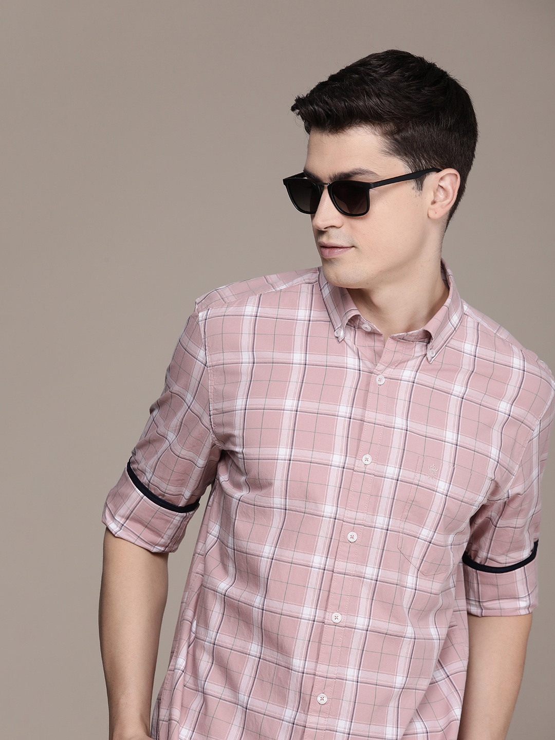 

French Connection Slim Fit Opaque Checked Pure Cotton Casual Shirt, Pink
