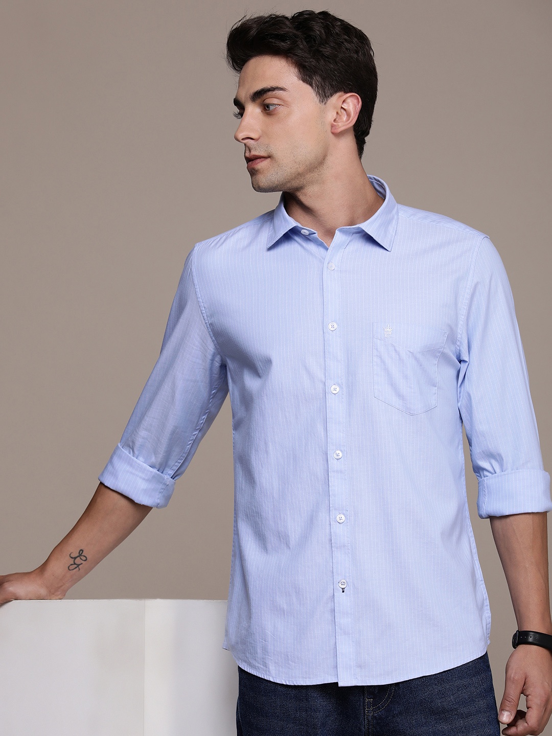 

French Connection Pure Cotton Slim Fit Opaque Striped Casual Shirt, Blue