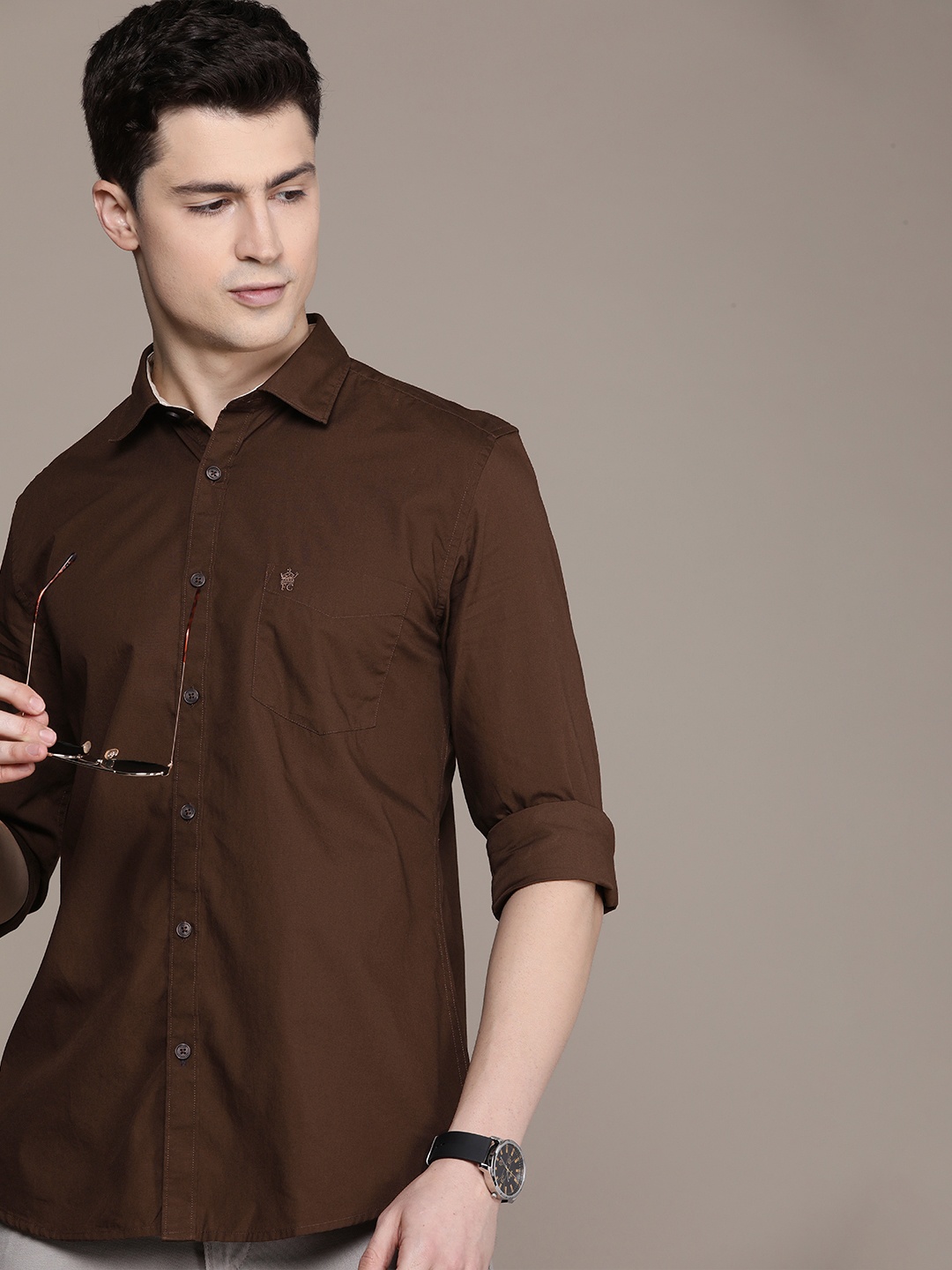 

French Connection Pure Cotton Slim Fit Solid Casual Shirt, Coffee brown