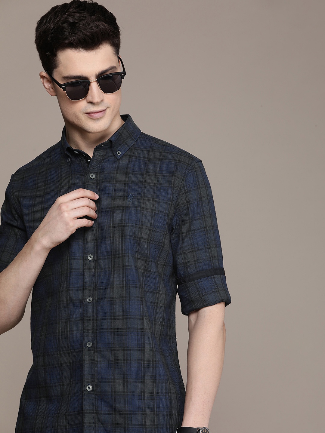 

French Connection Slim Fit Tartan Checks Opaque Pure Cotton Casual Shirt, Navy blue