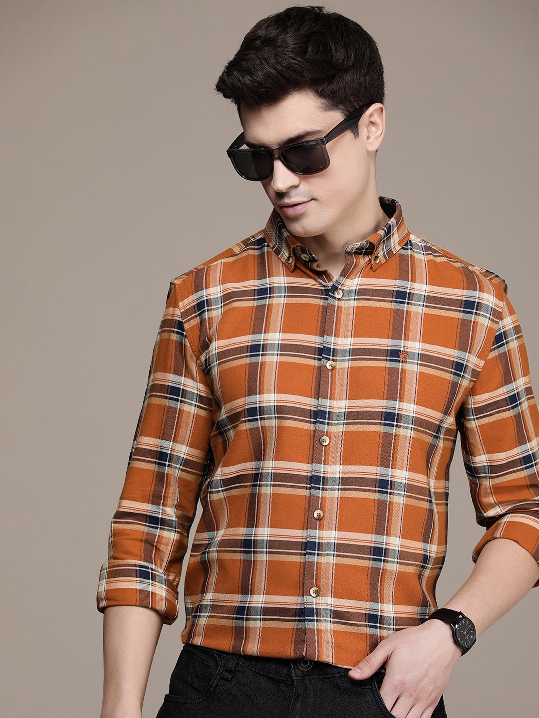 

French Connection Pure Cotton Slim Fit Checked Casual Shirt, Orange