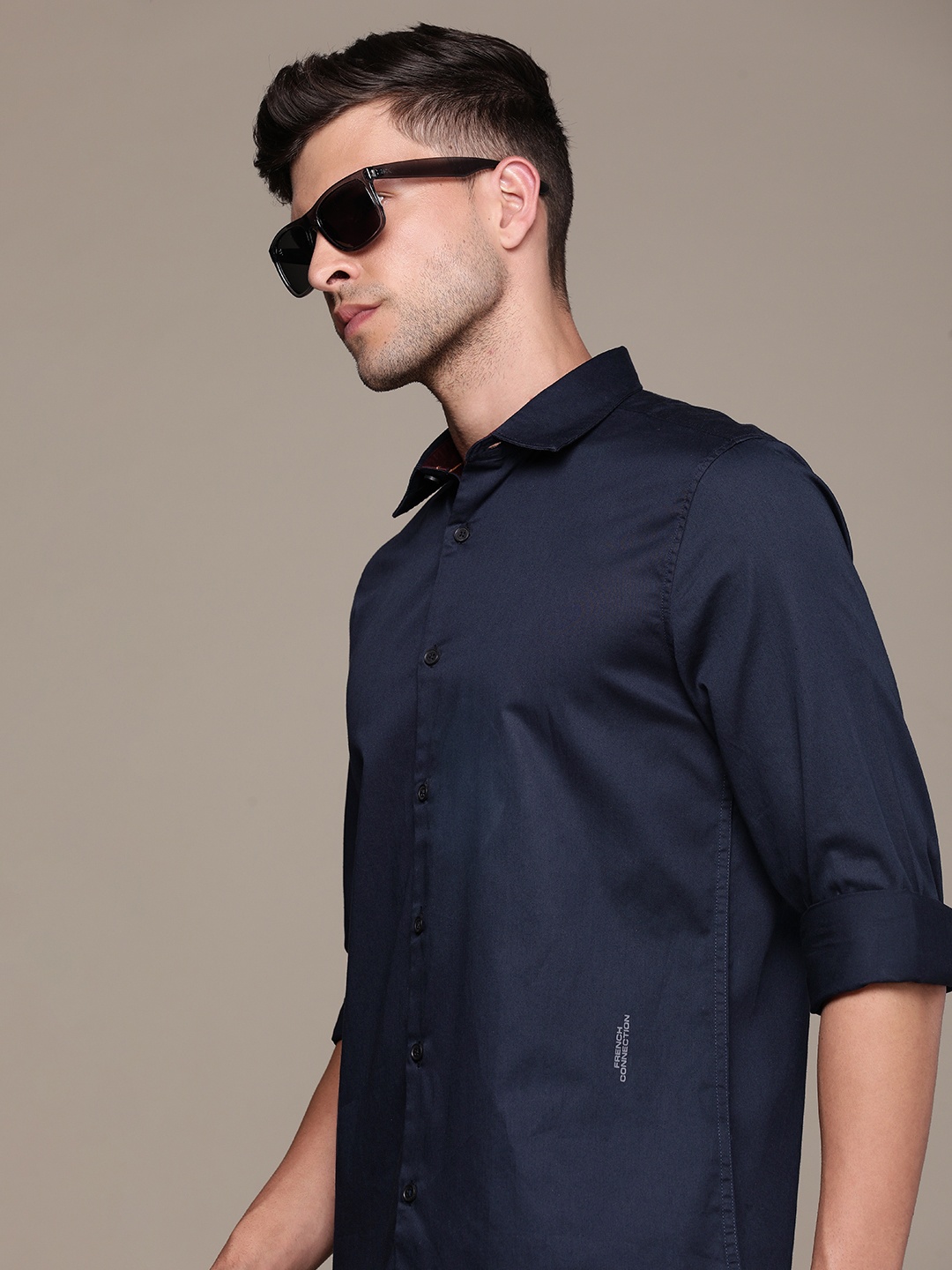 

French Connection Pure Cotton Slim Fit Opaque Casual Shirt, Navy blue