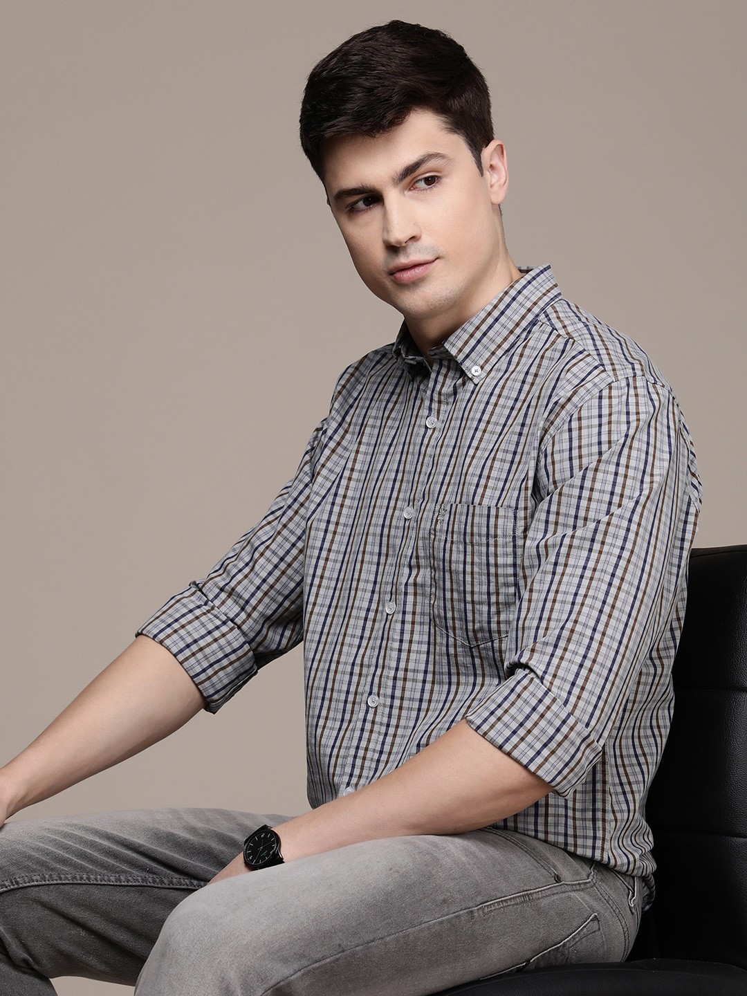 

French Connection Pure Cotton Slim Fit Checked Slim Fit Casual Shirt, Grey