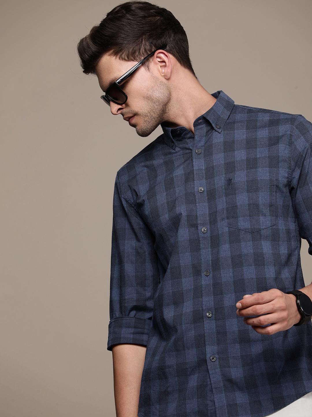 

French Connection Slim Fit Button-Down Collar Checked Casual Shirt, Navy blue