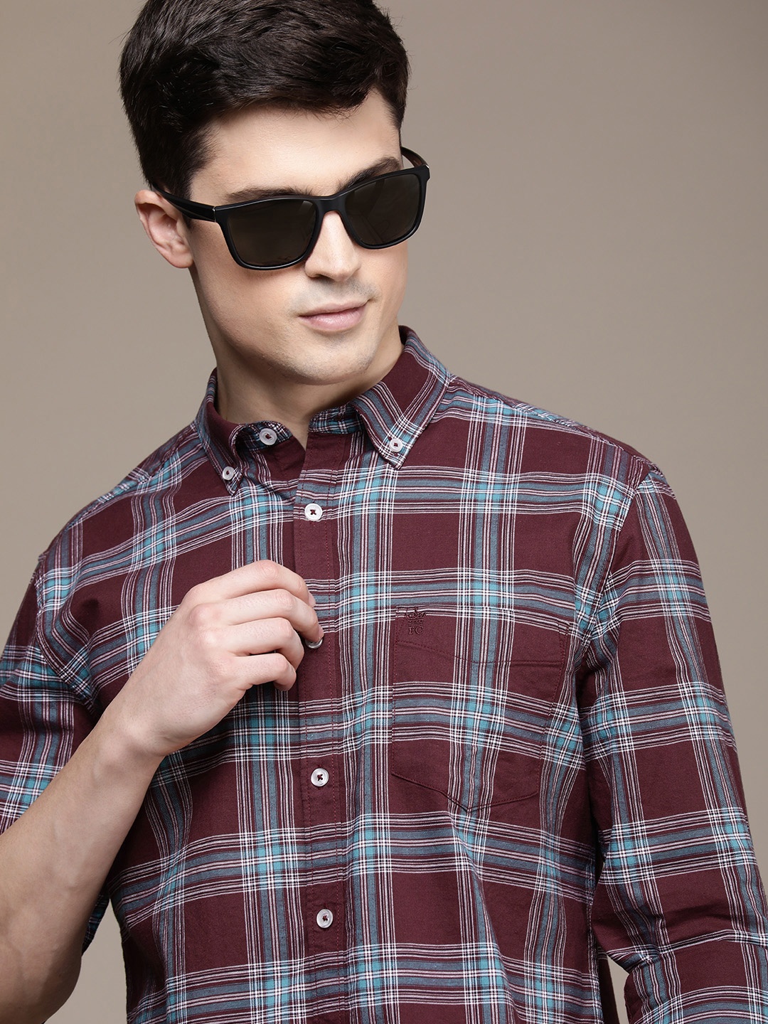 

French Connection Button-Down Collar Checked Slim Fit Casual Shirt, Brown
