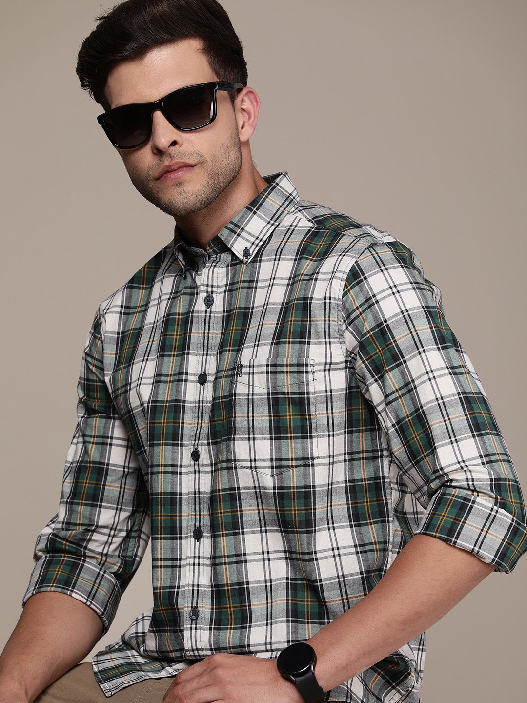 

French Connection Slim Fit Button-Down Collar Checked Casual Shirt, Green