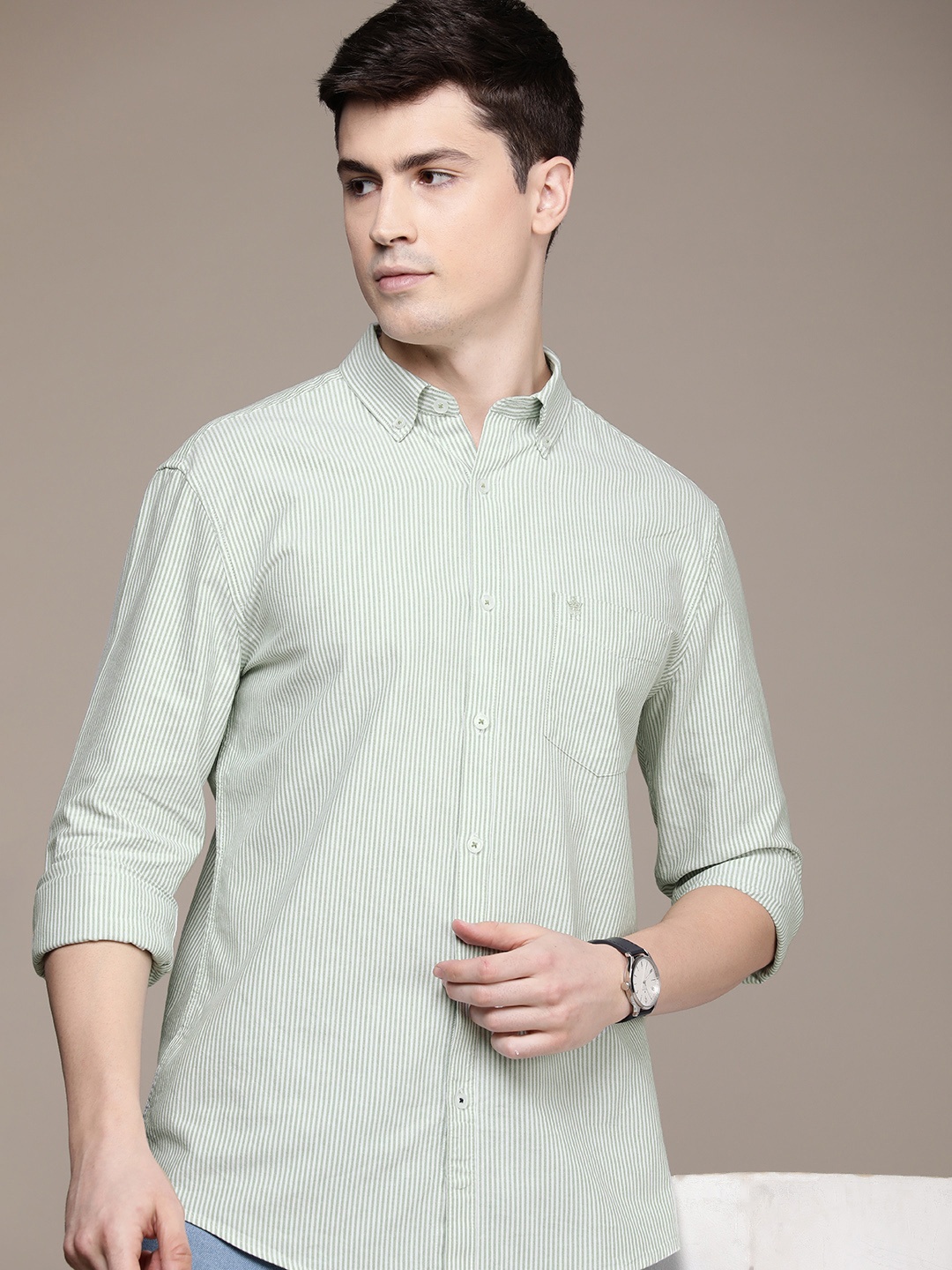 

French Connection Pure Cotton Button-Down Collar Striped Slim Fit Casual Shirt, White