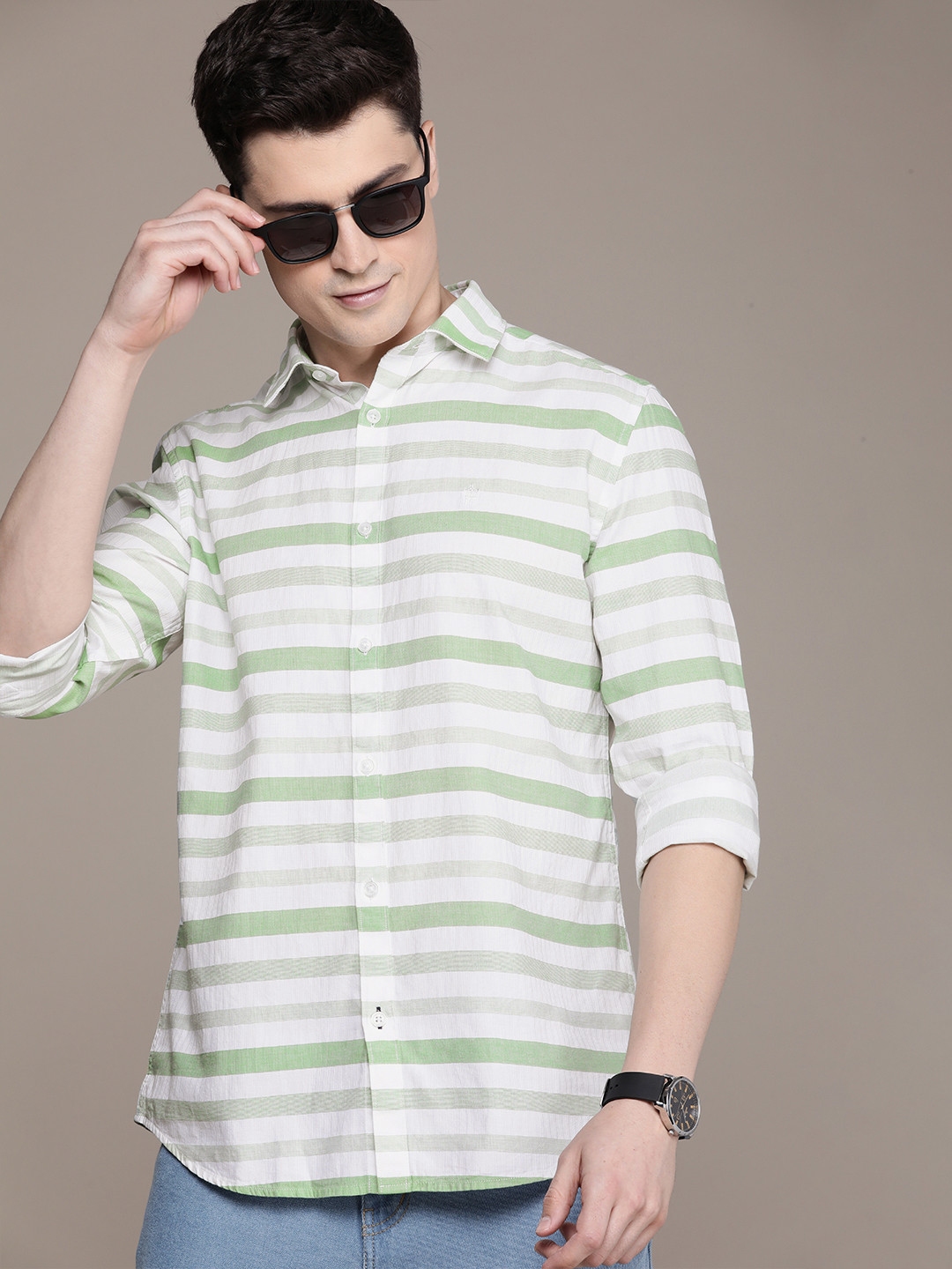 

French Connection Pure Cotton Slim Fit Horizontal Stripes Casual Shirt, Green
