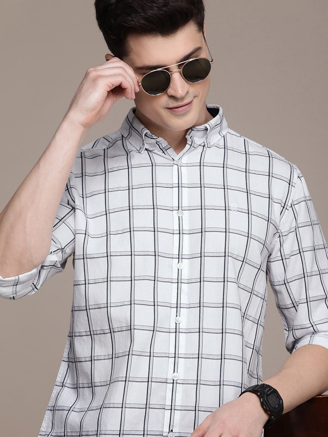 

French Connection Slim Fit Windowpane Checked Casual Shirt, White