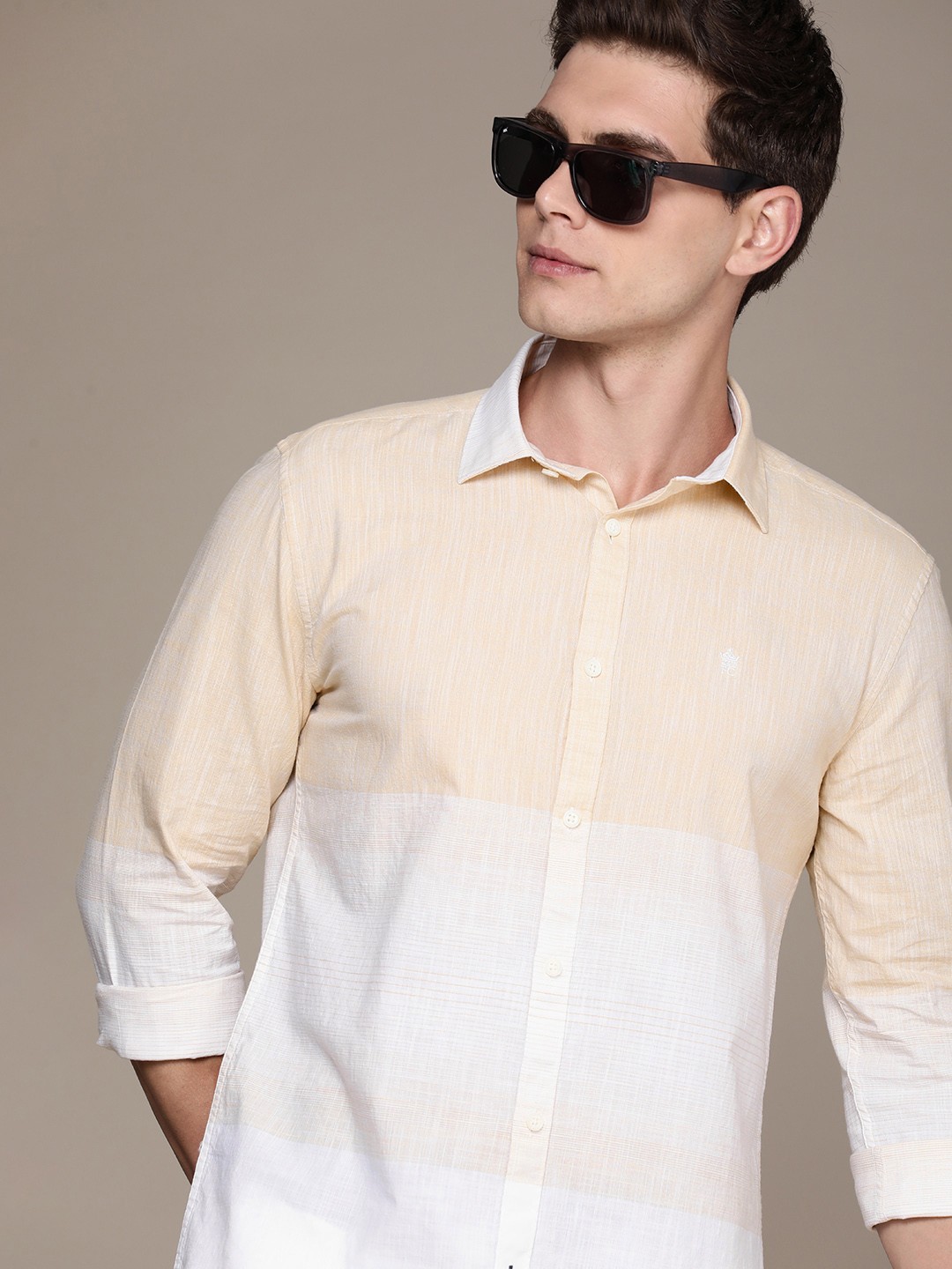

French Connection Pure Cotton Colourblocked Casual Shirt, Beige