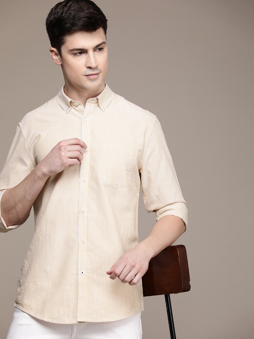 

French Connection Pure Cotton Button-Down Collar Striped Slim Fit Casual Shirt, White