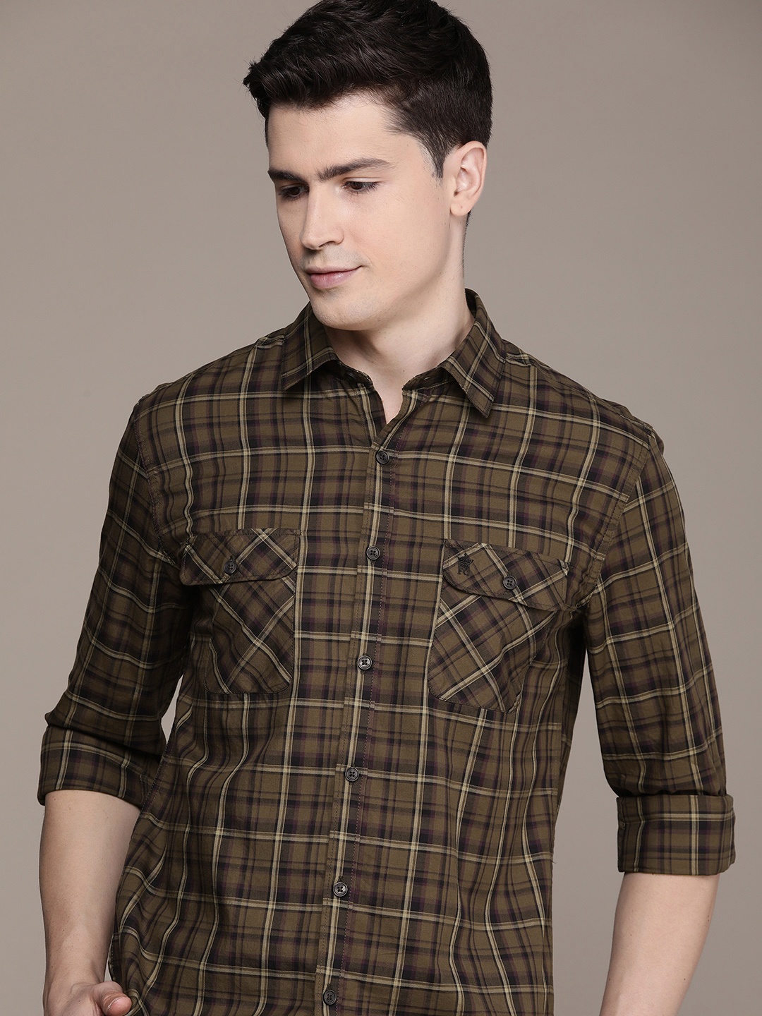 

French Connection Slim Fit Opaque Checked Pure Cotton Casual Shirt, Brown