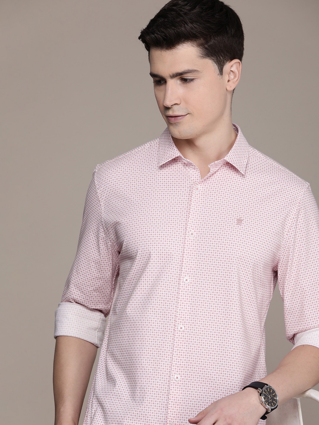 

French Connection Slim Fit Opaque Geometric Printed Casual Shirt, Pink