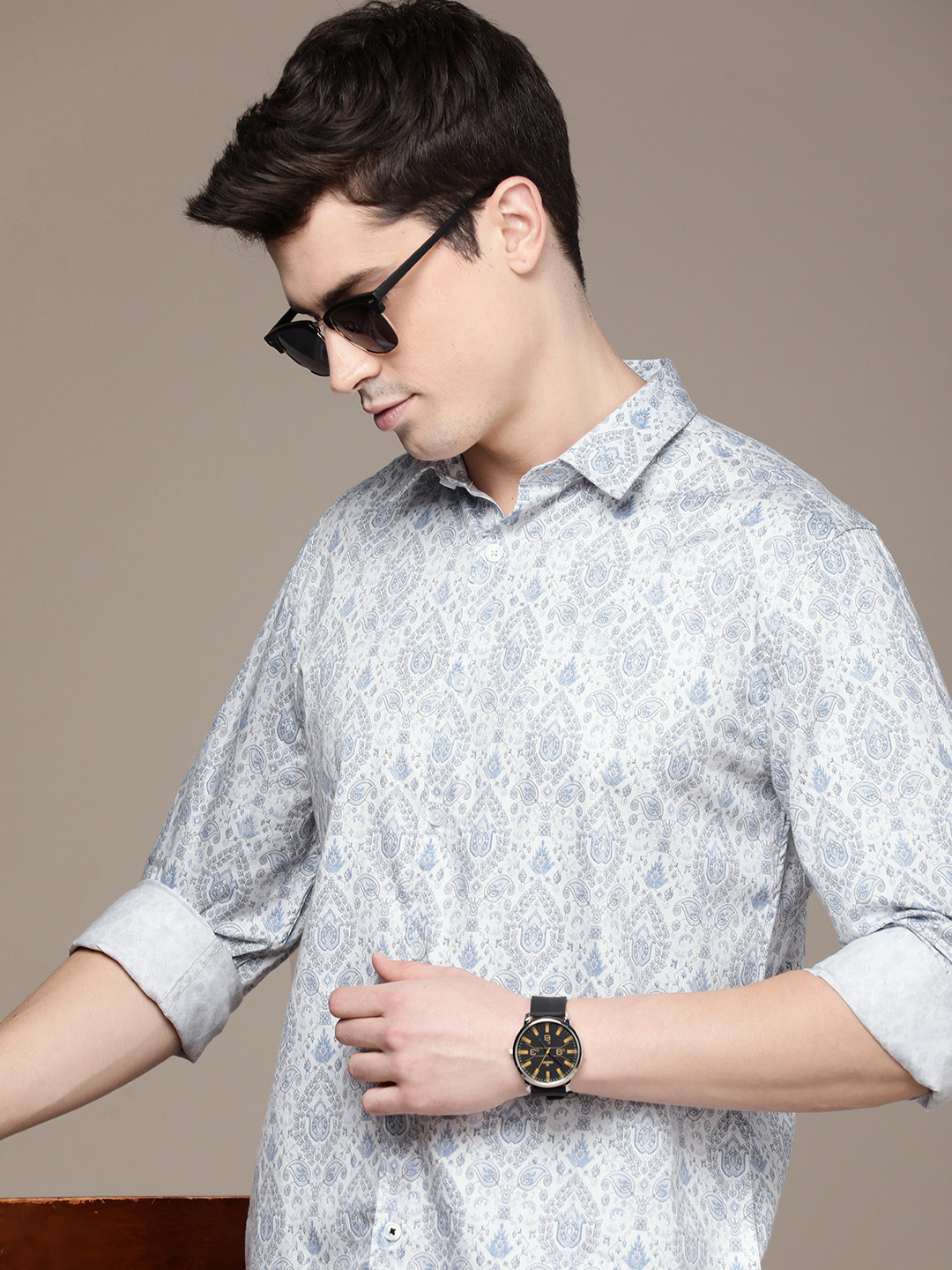 

French Connection Slim Fit Ethnic Motifs Printed Pure Cotton Casual Shirt, Blue
