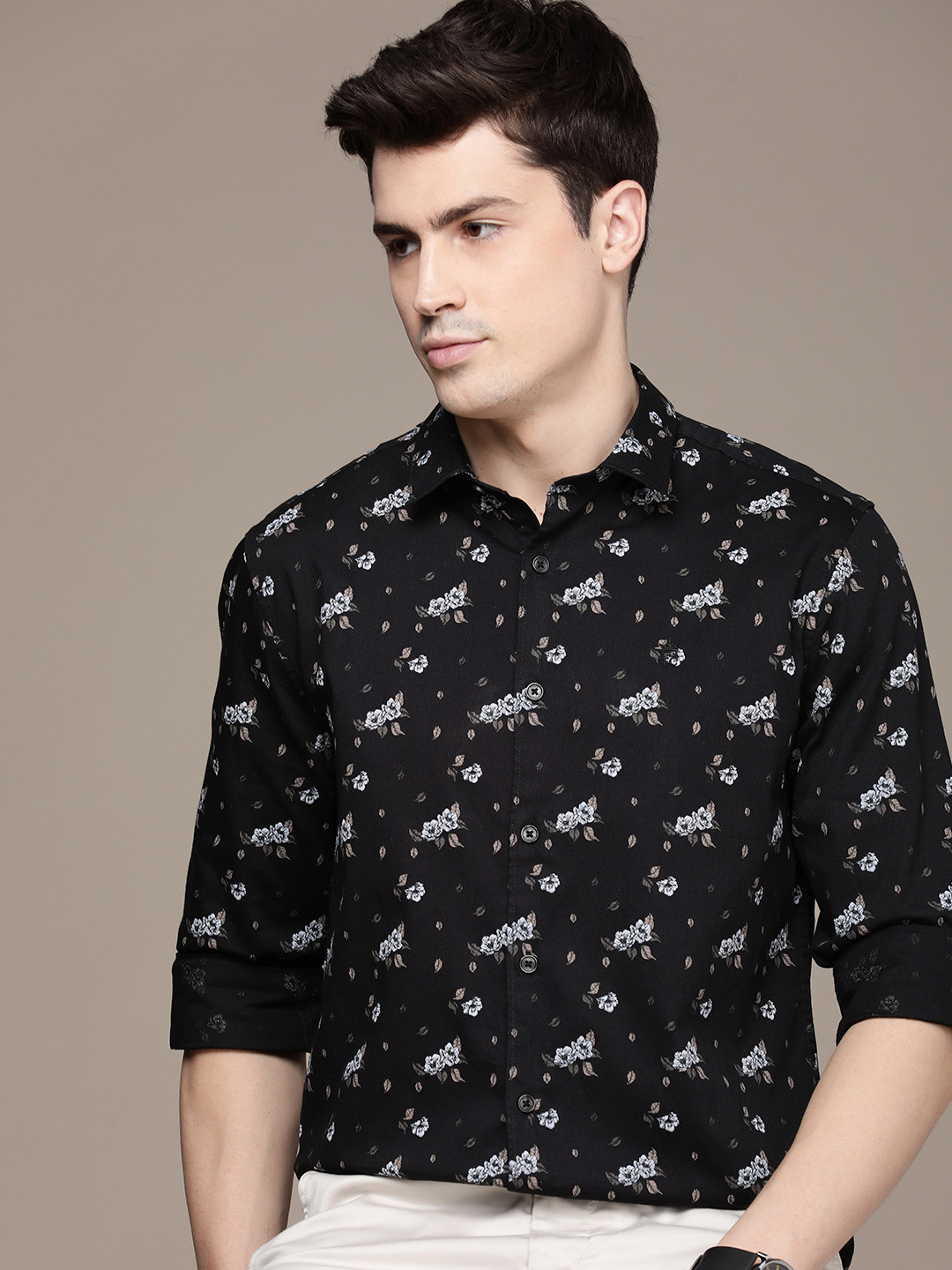 

French Connection Slim Fit Floral Printed Pure Cotton Casual Shirt, Black