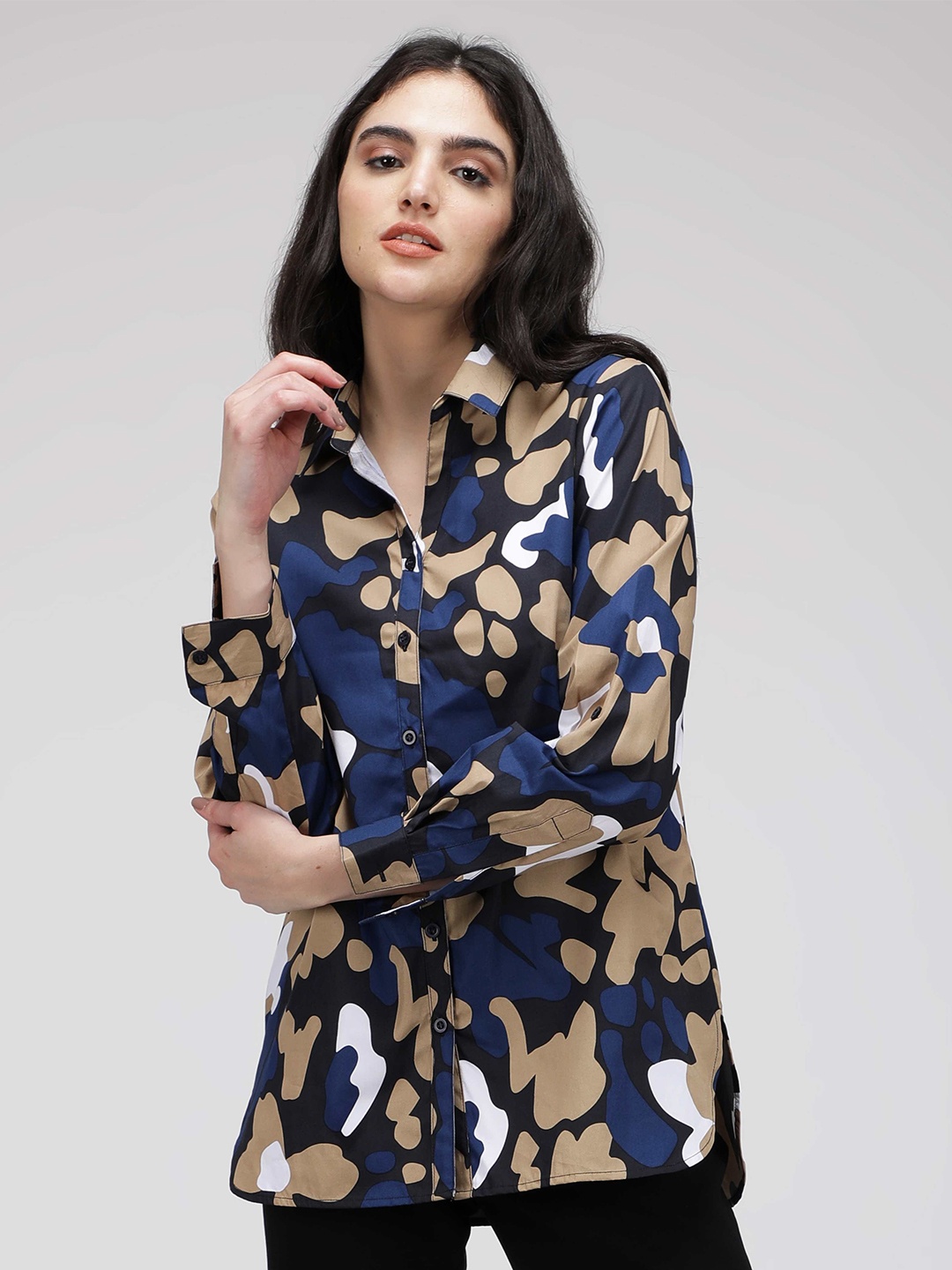 

IDK Abstract Printed Shirt Collar Shirt Style Top, Blue