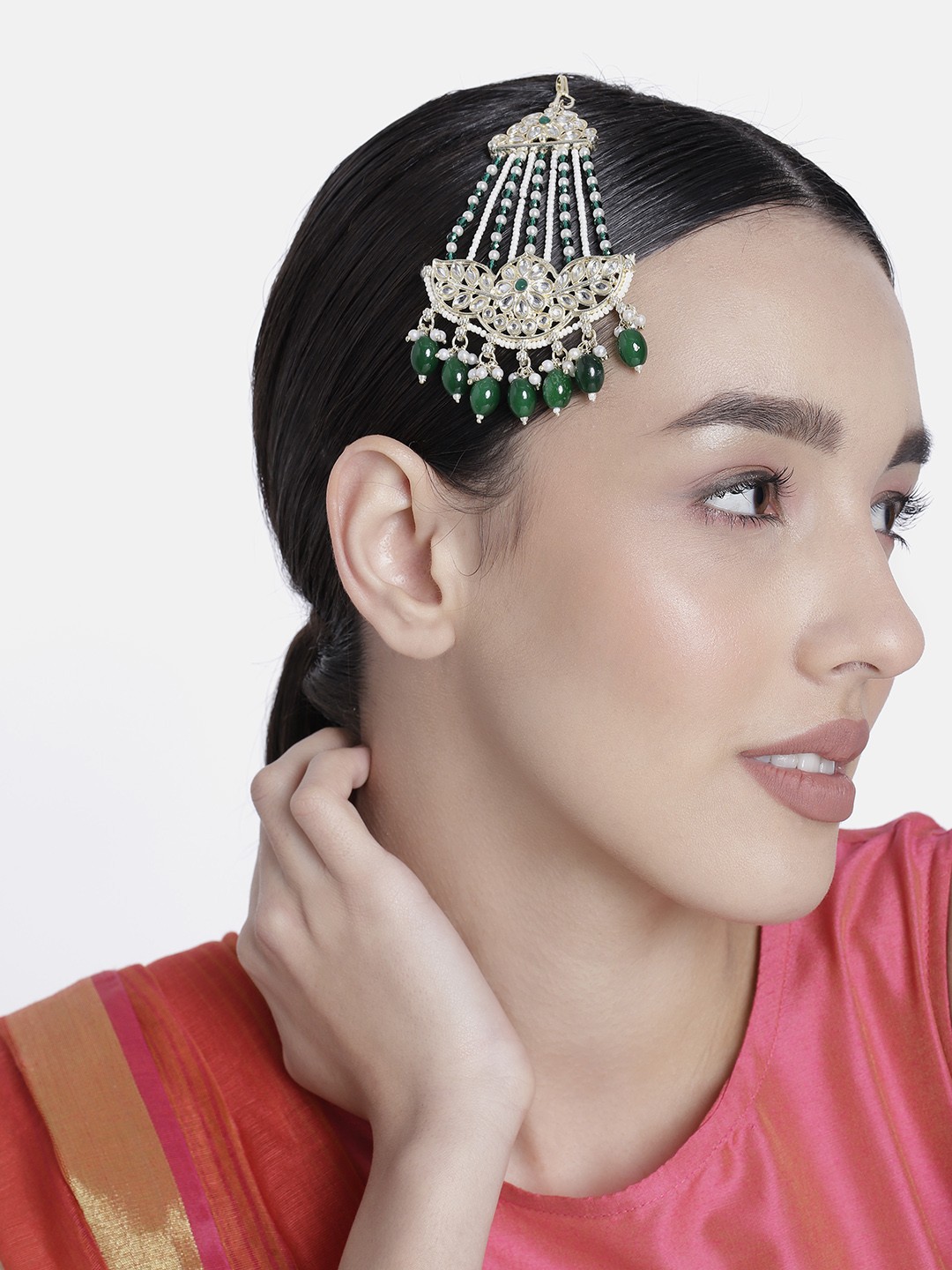 

LAIDA Gold-Plated Artificial Stones-Studded Jhumar Passa Head Jewellery, Green