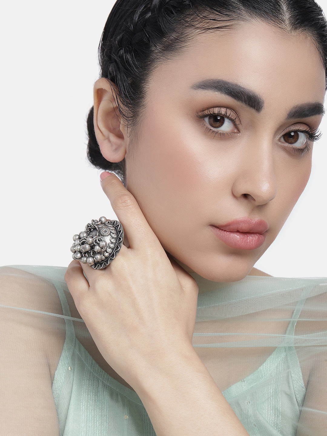 

LAIDA Women Silver-Plated Oxidised Floral Adjustable Finger Ring