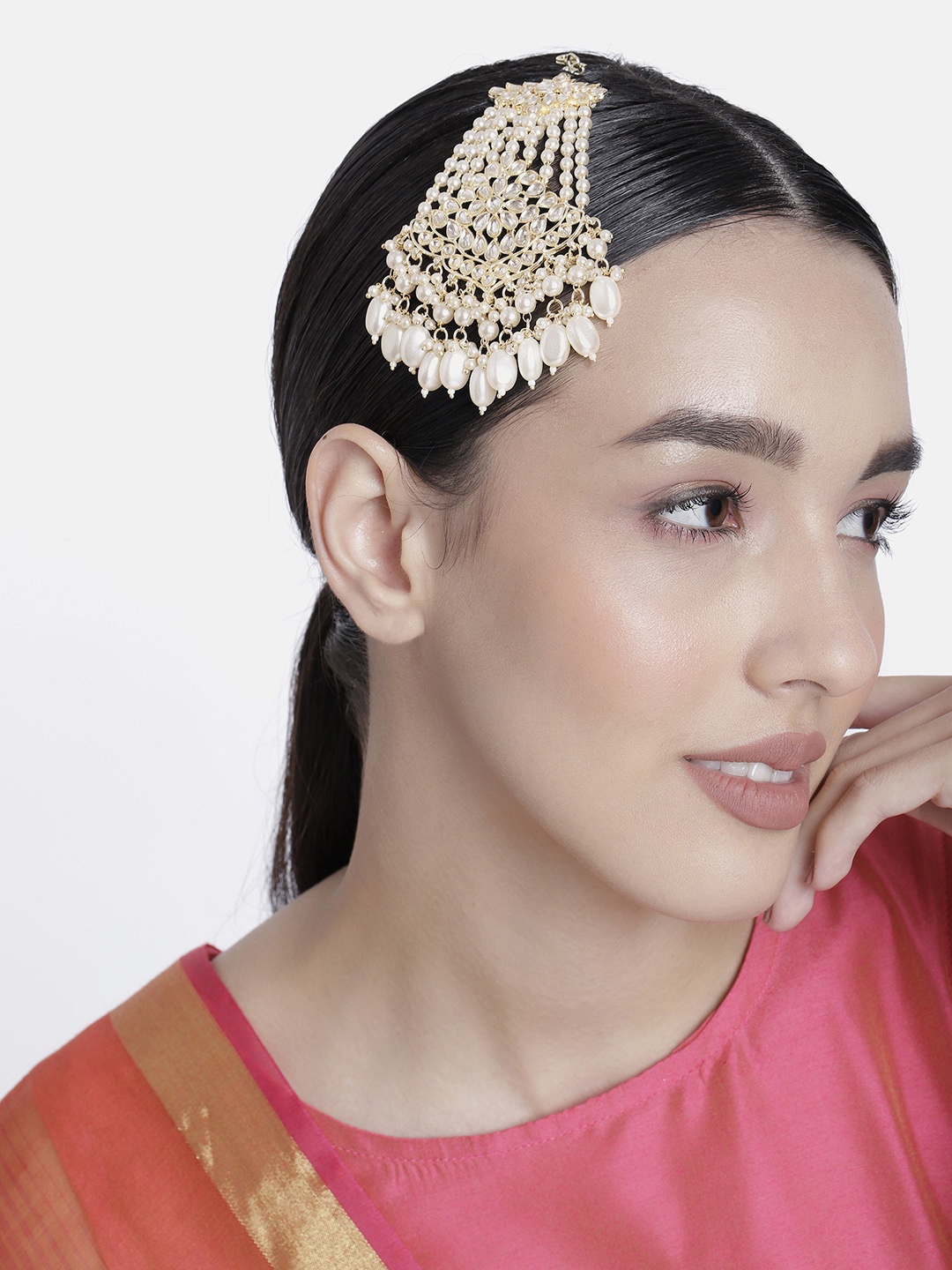 

LAIDA Gold-Plated Pearls-Studded Jhumar Passa Head Jewellery