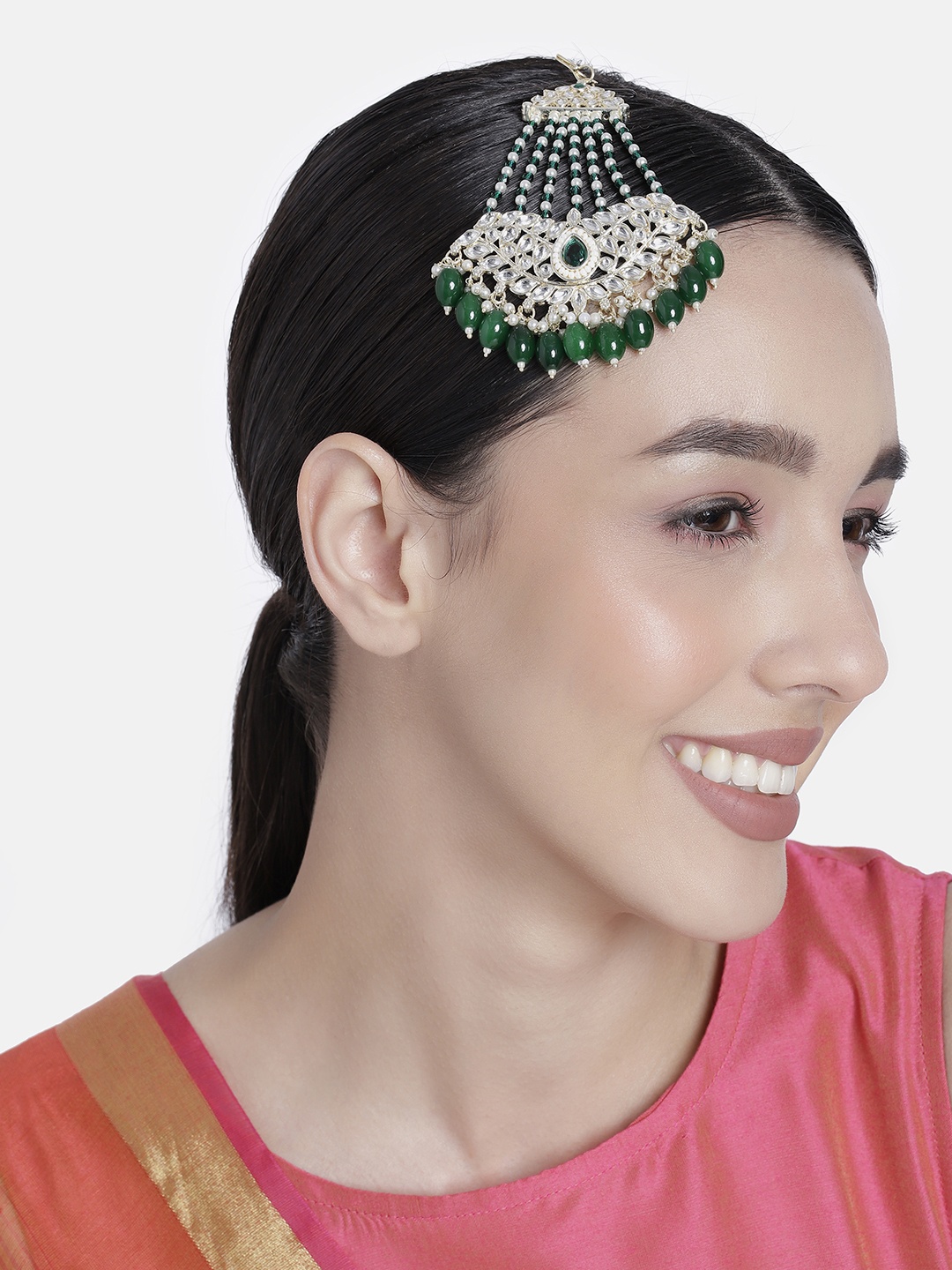 

LAIDA Gold-Plated Artficial Stones-Studded Jhumar Passa Head Jewellery, Green