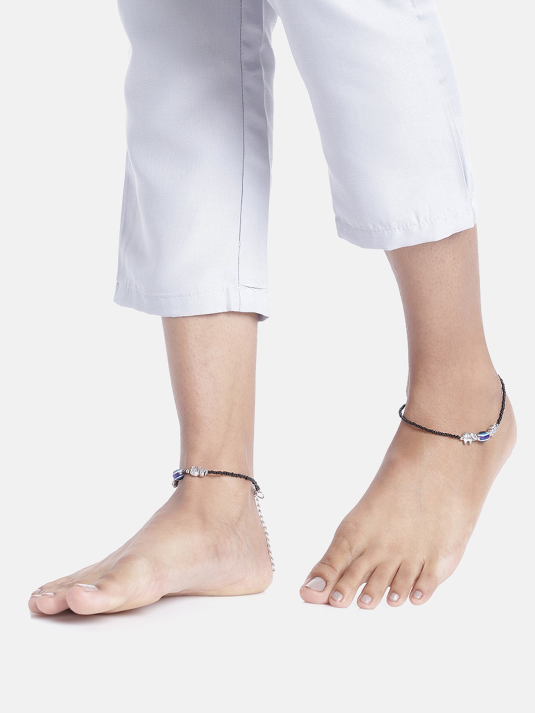 

LAIDA Set of 2 German Silver Silver-Plated Oxidised Evil Eye Anklet, Black