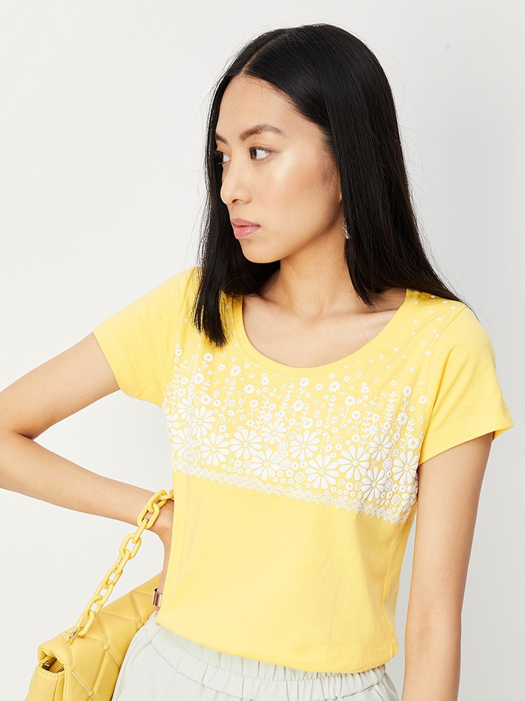 

max Floral Printed Round Neck Pure Cotton T-shirt, Yellow