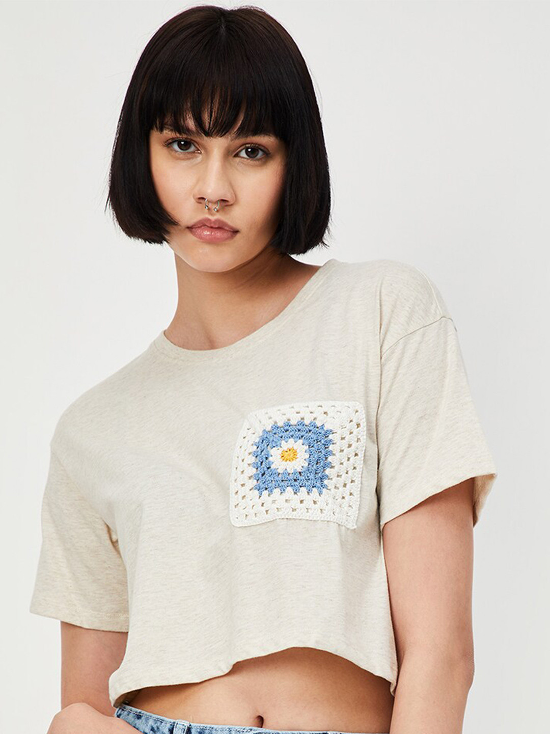 

max Drop Shoulder Sleeves Pure Cotton Crop T-shirt, Beige