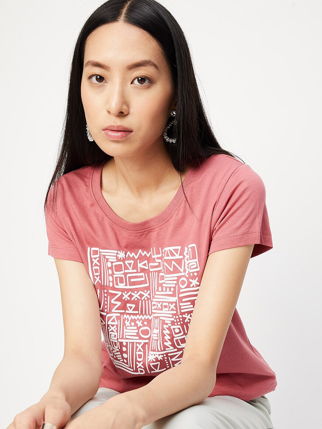 

max Typography Printed Round Neck Cotton T-shirt, Pink