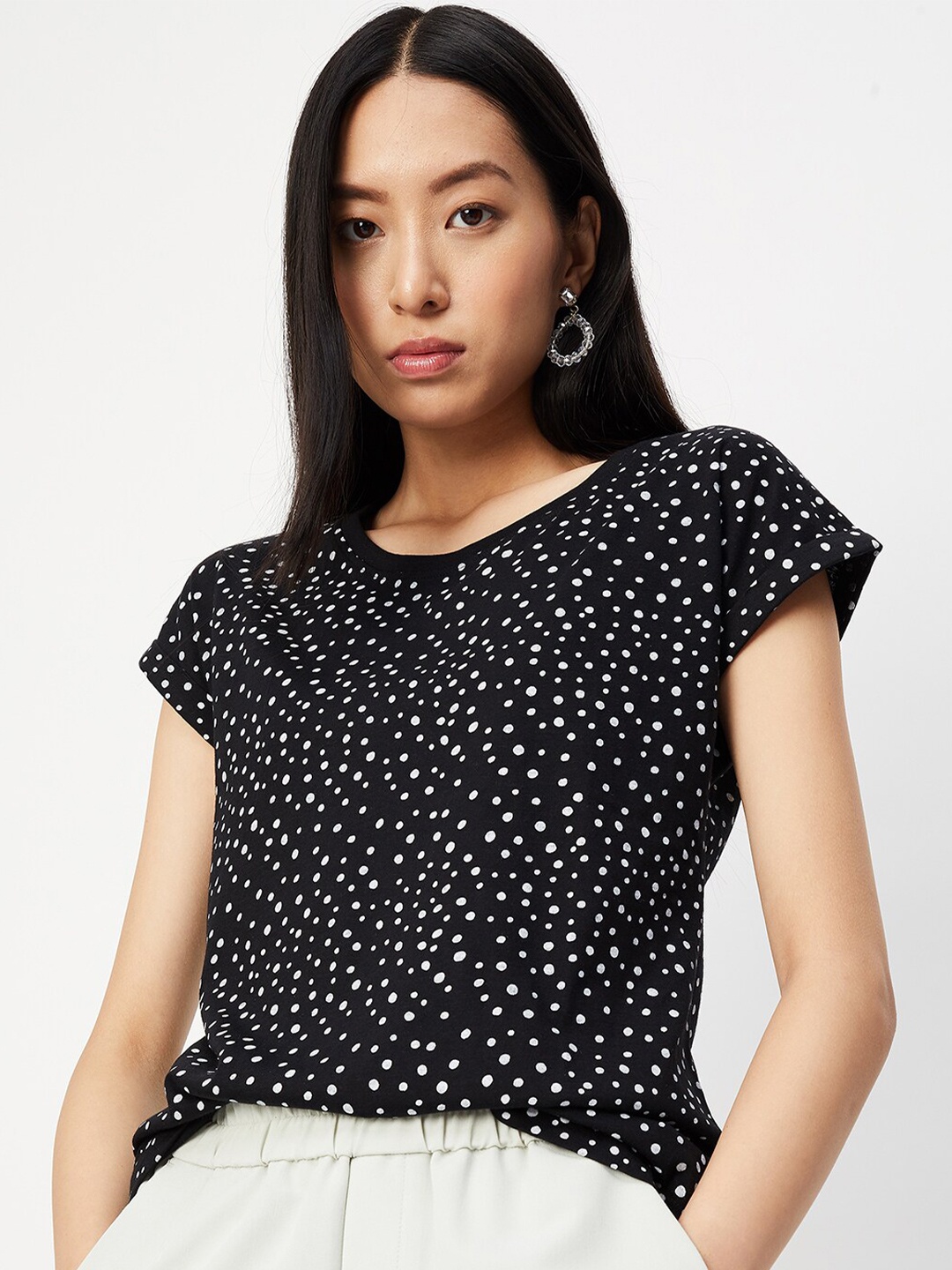 

max Polka Dots Printed Extended Sleeves Pure Cotton T-shirt, Black