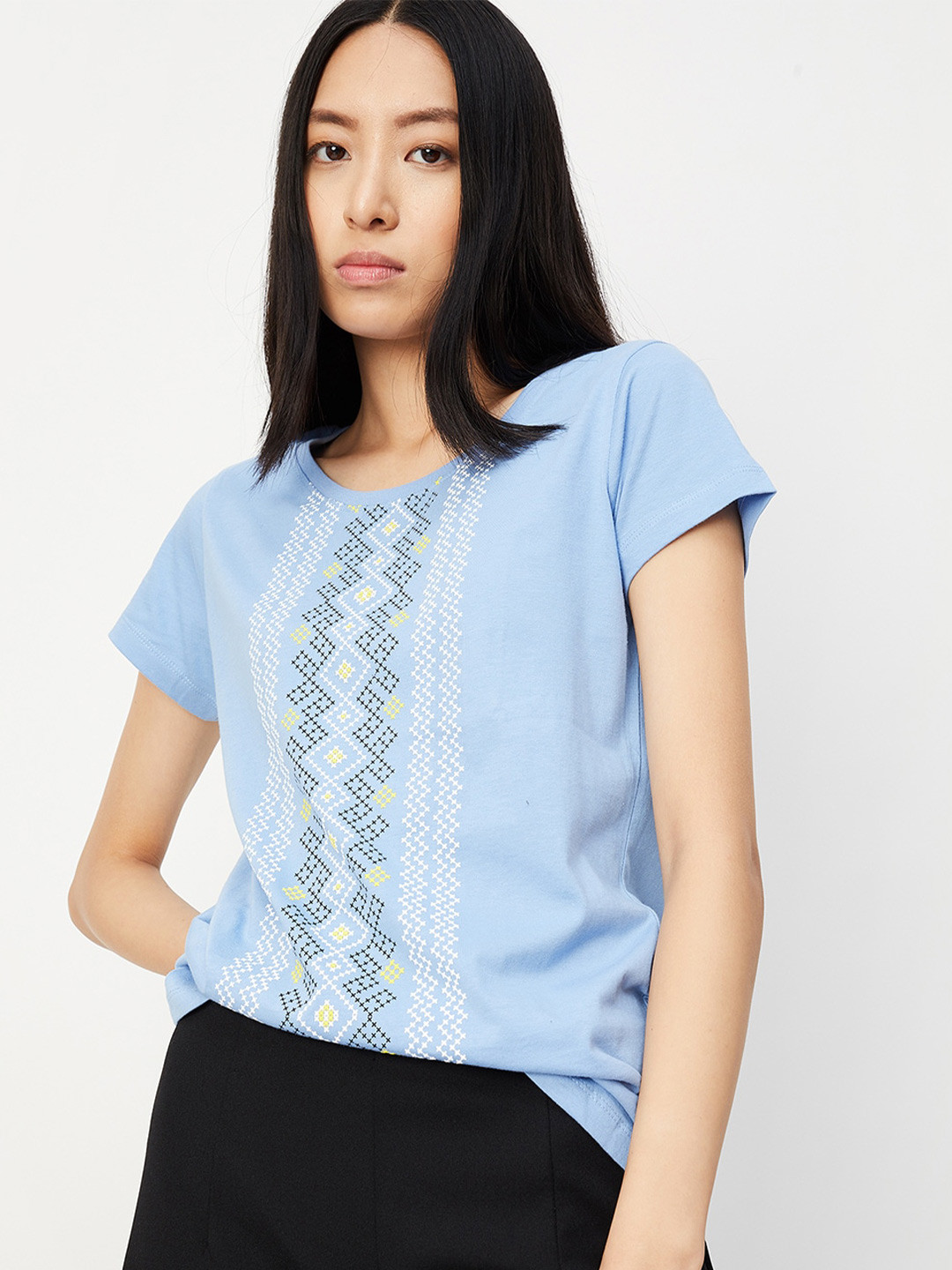 

max Geometric Printed Pure Cotton T-shirt, Blue