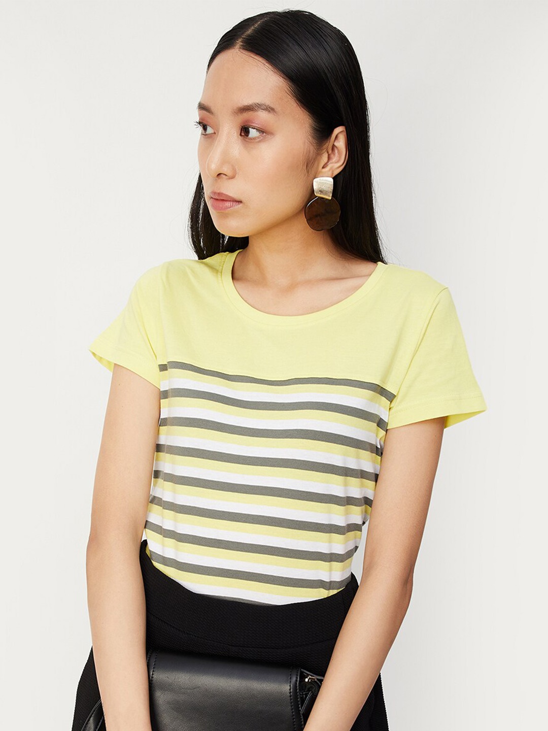 

max Striped Round Neck Cotton T-shirt, Yellow