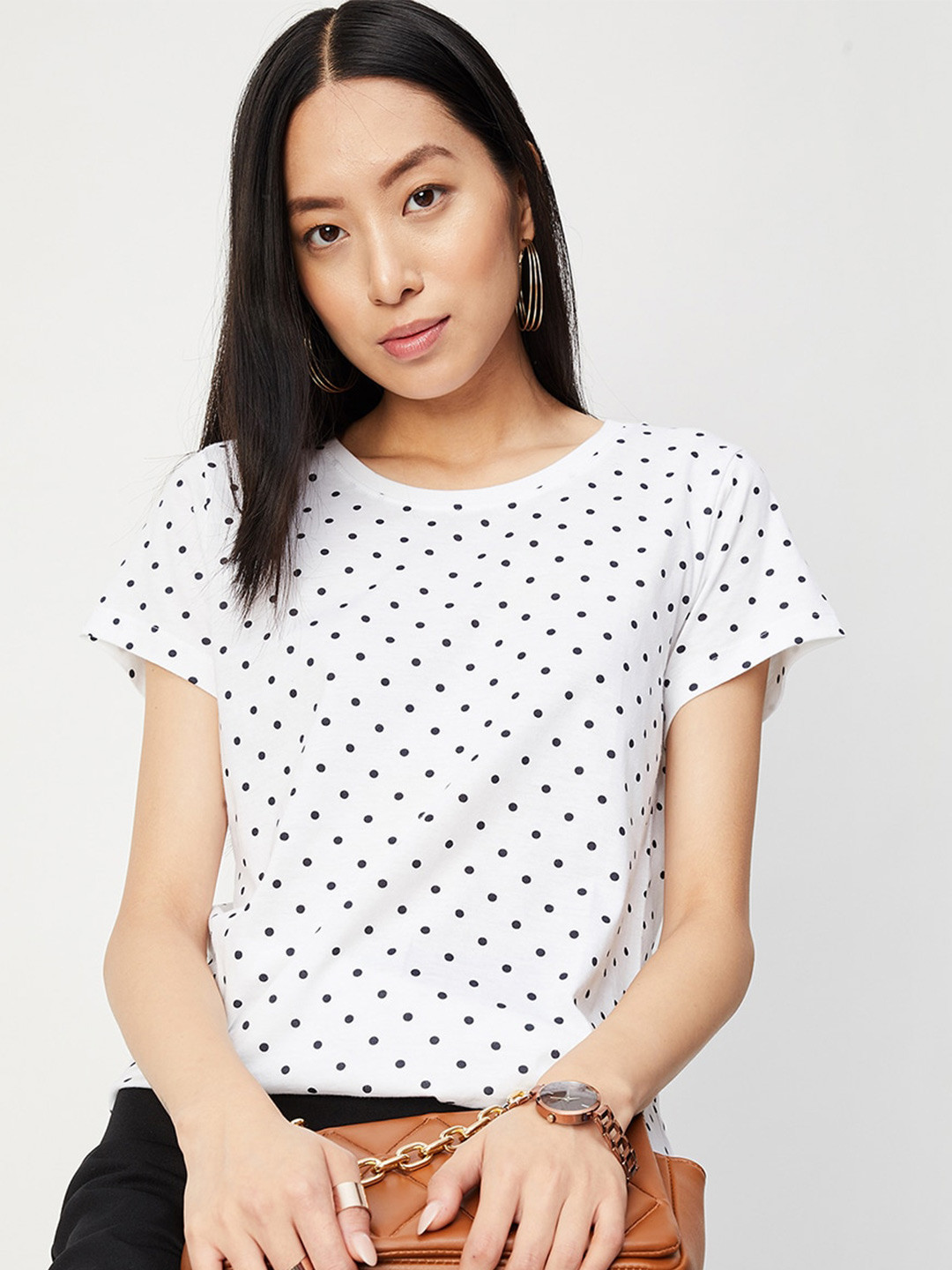

max Polka Dots Printed Pure Cotton T-shirt, White