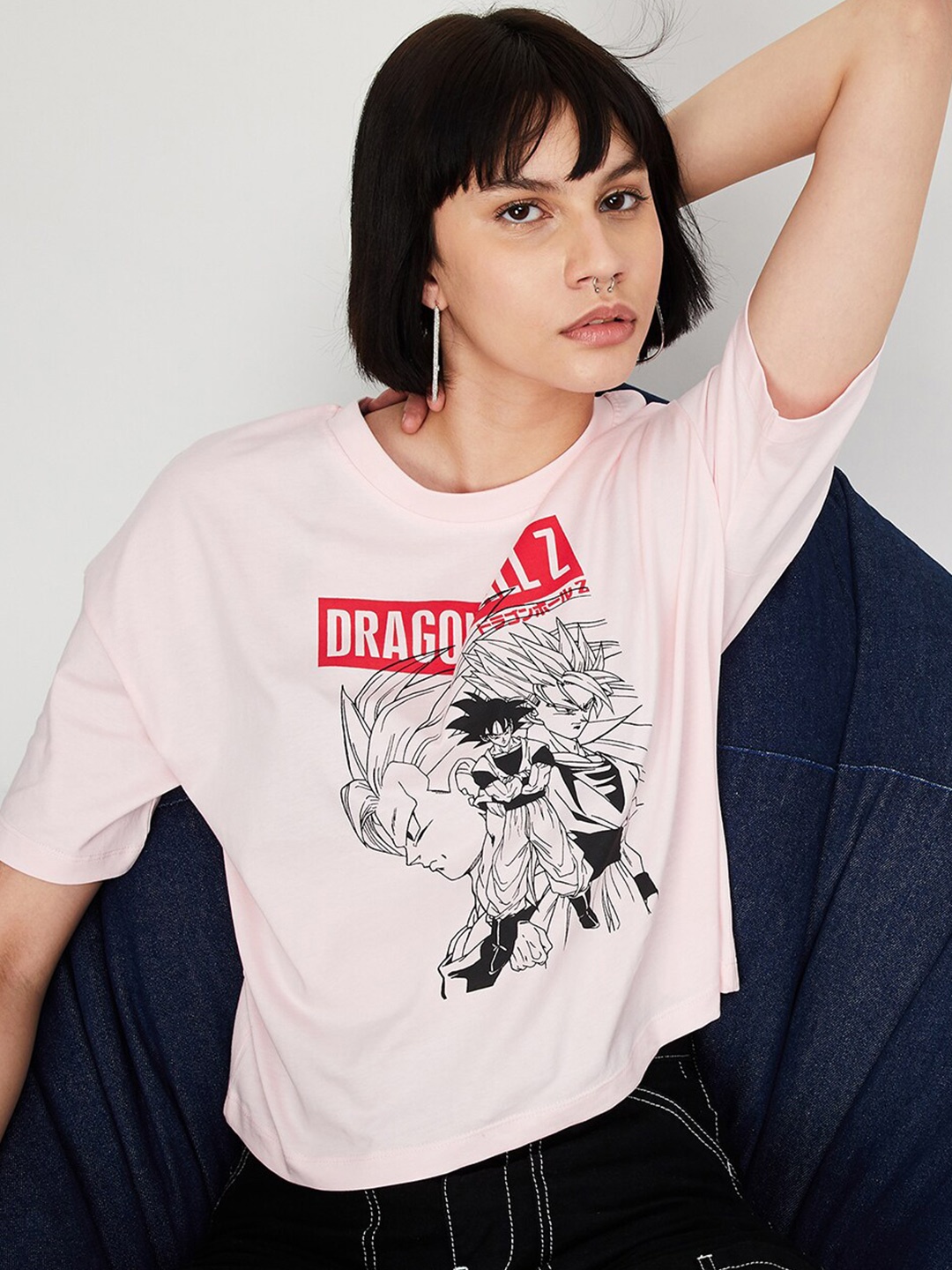 

max Dragon Ball Z Anime Printed Drop Shoulder Sleeves Pure Cotton T-shirt, Pink