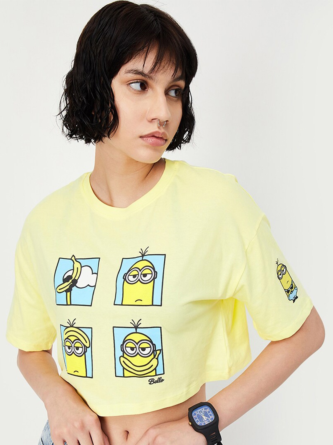 

max Minion Printed Round Neck Pure Cotton Crop T-shirt, Yellow