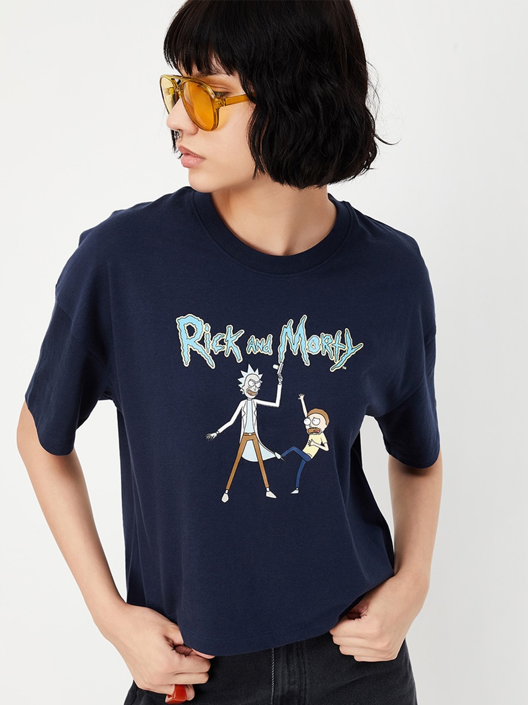 max Rick & Morty Printed Round Neck Pure Cotton T-shirt, Navy blue
