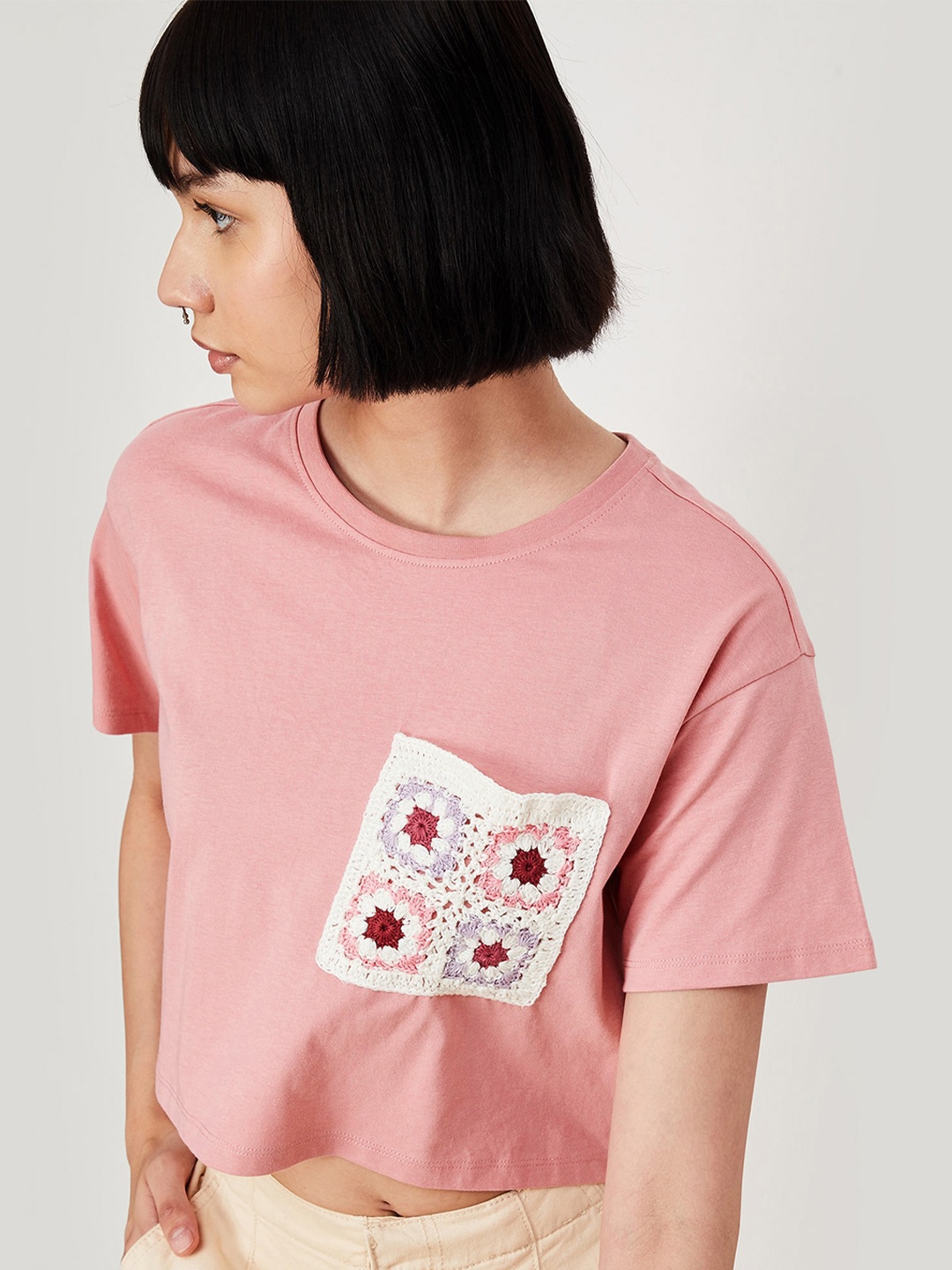 

max Round Neck Short Sleeves Cotton T-shirt, Pink