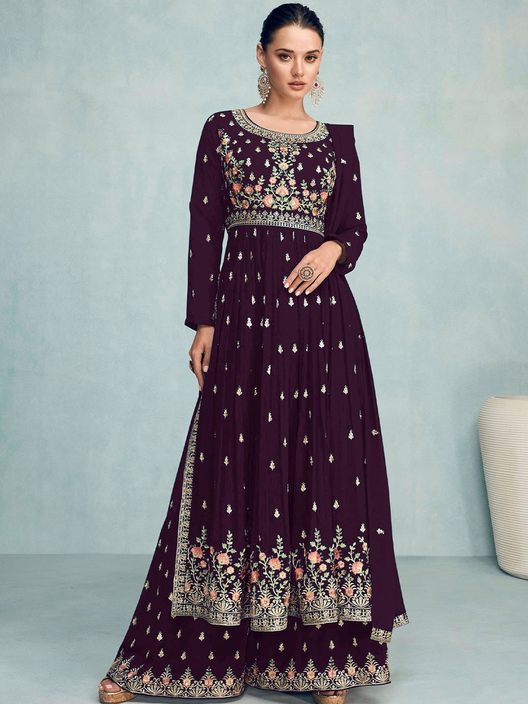 

ODETTE Floral Embroidered Semi-Stitched Dress Material, Purple