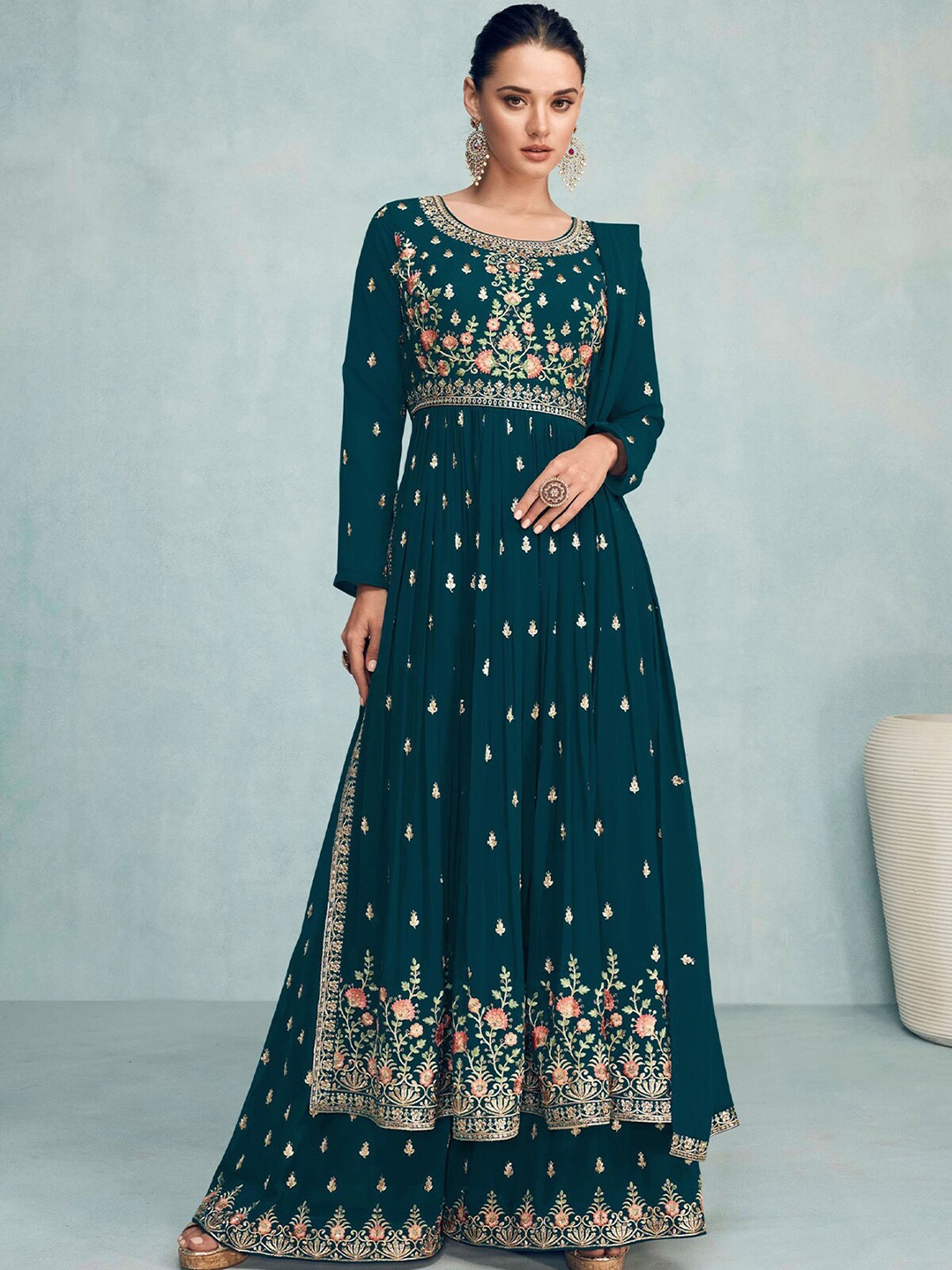 

ODETTE Floral Embroidered Semi-Stitched Dress Material, Teal