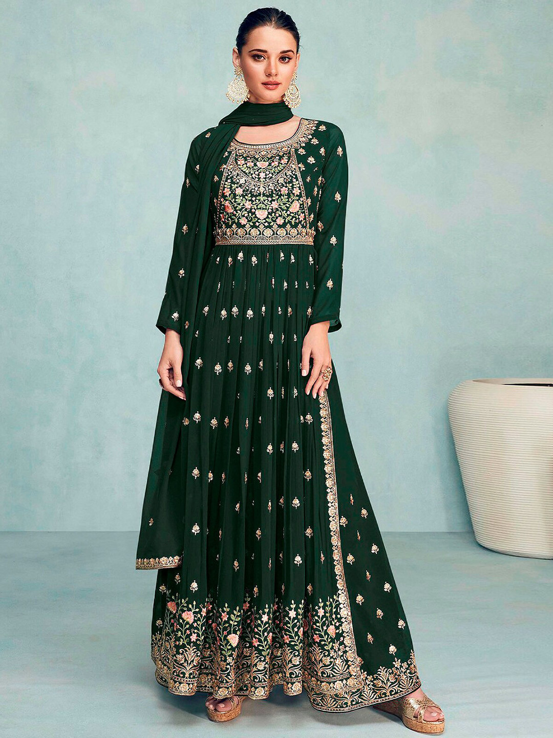 

ODETTE Ethnic Motifs Embroidered Semi-Stitched Dress Material, Green